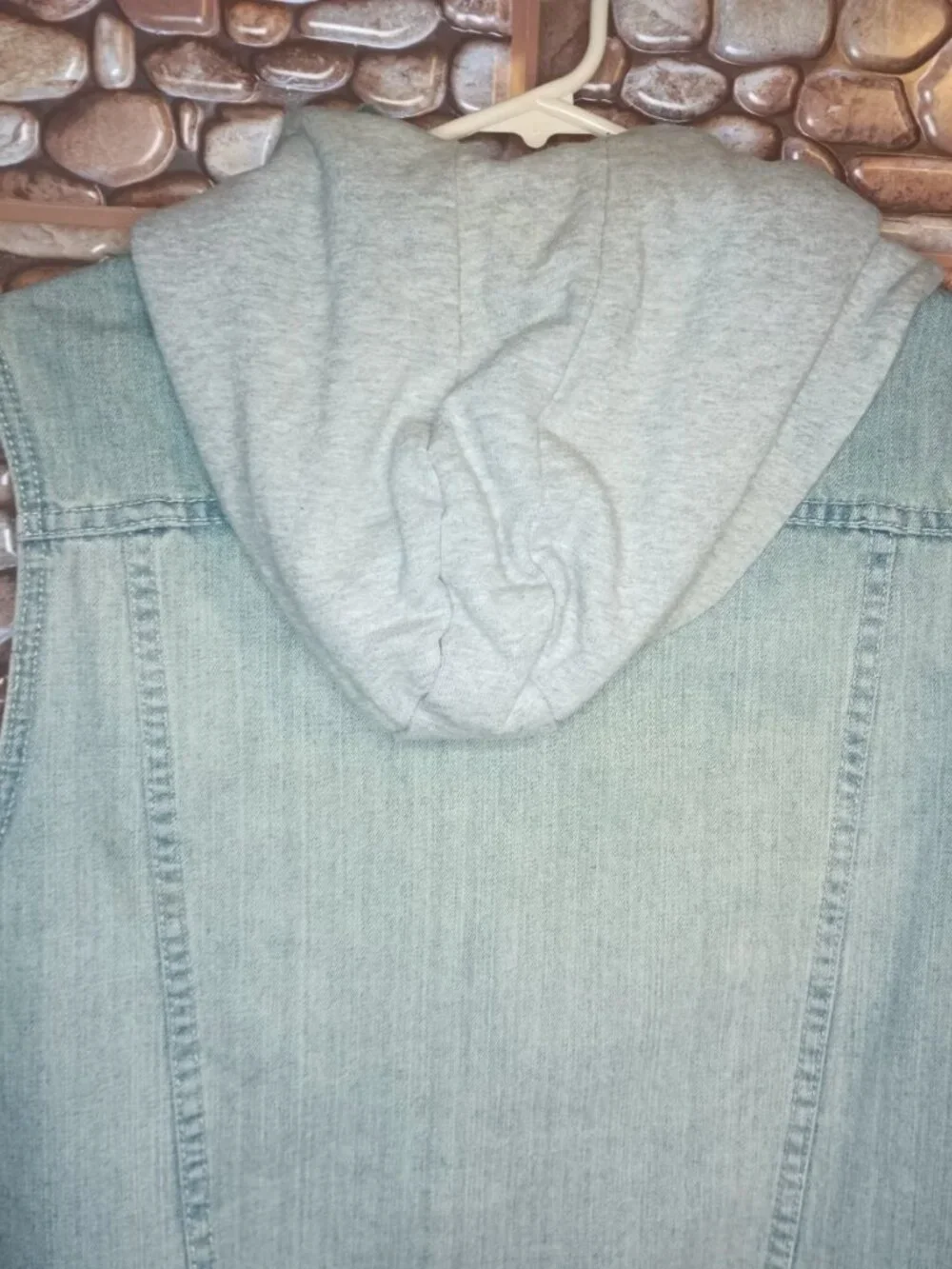 Sleeveless Denim Vest Detachable Hood Stone Wash Blue & Gray Size M Grunge - Picture 14 of 16